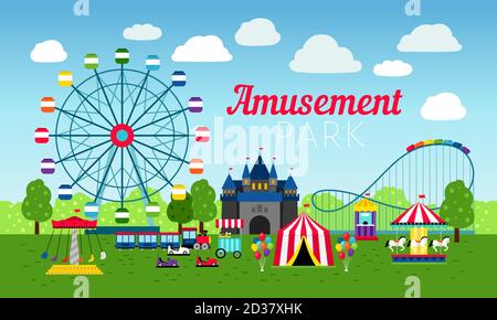 Attractions park design, vector illustration. Amusement entertainment park colorful background with fun roller ride, carnival games, rollercoaster and cartoon circus tents Stock Vector