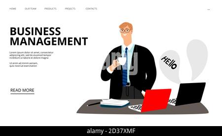 Business management landing page. Business coffee break. effective management, Vector effective management web page Stock Vector