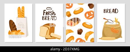 Fresh bread cards. Vector bread, buns, cakes banners template. Bakery design elements Stock Vector