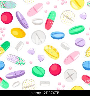 Pills seamless pattern. Medicine tablets pattern, vitamin pill capsules texture, pharmacy or hospital background, medication vitamins addiction vector illustration Stock Vector
