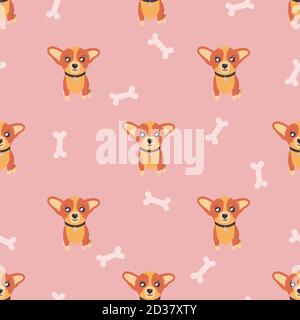 Corgi the dog seamless pattern. Corgi puppy on pink background with bones. Vector illustration in cartoon style Stock Vector