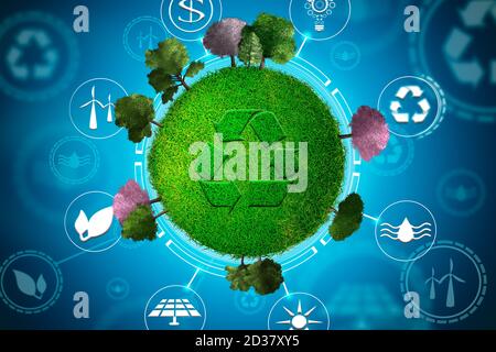 Ball of the world with recycling symbol and trees for clean and renewable energies. Echo friends. Green World Stock Photo