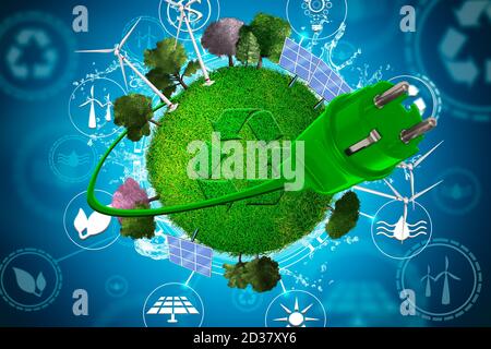 3D Illustration Backdrop with plug and planet earth as a concept of energy efficiency. The power of green energy. Concept of renewable energies Stock Photo