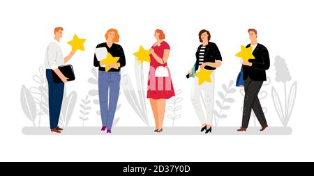 Customer reviews, feedback, five stars raiting. Flat people with golden stars vector illustration, ranging system Stock Vector