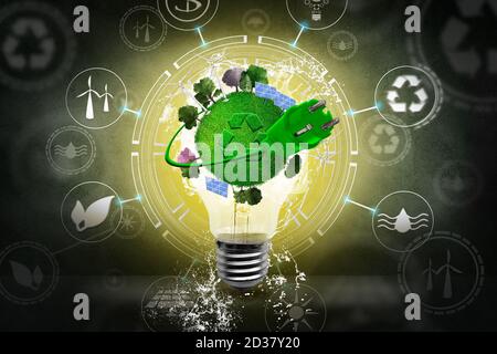 3D Illustration Bulb with solar panels, wind fans and hydraulic power in energy saving concept. Echo friends. Green World Stock Photo
