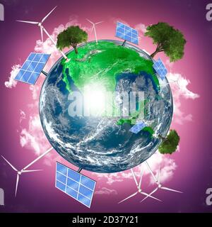 Save the planet Earth. Renewable energy and efficency concept. Green World. Environmental biodiversity. Render 3D Stock Photo