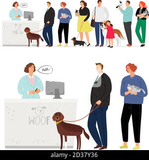 Cat and dog hospital queue. Pet patients, animals owners waiting veterinary service, woman holding cat, man leads dog on leash in emergency clinic receptionist room, vector illustration Stock Vector