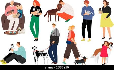 People pet owners. Smiling humans with cute happy dogs and cats, men and women persons with funny pets animals isolated on white background Stock Vector