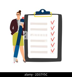 Businesswoman and checklist. Girl holding pen and to do list. Business time management, examination vector illustration Stock Vector