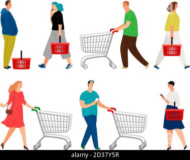 Shopping people. Man with shopping cart and woman with market basket vector illustration, retail cartoon supermarket buyers, grocery market customer people shoppers isolated on white Stock Vector