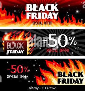 Fire sale banners. Firing heating banner backgrounds, burning flame text frames for hot offers or black friday, vector illustration Stock Vector