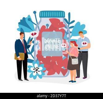 Donations. Donate online vector illustration. Charity concept with flat cartoon characters and jar of hearts Stock Vector