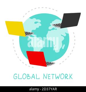 Global network illustration. Vector internet connection concept. Planet and laptops. Communication planet internet, globalization international networking Stock Vector