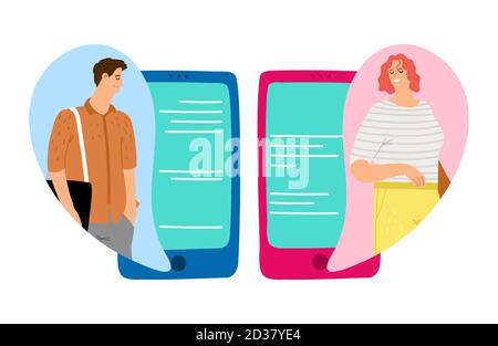 Mobile chat concept. Flat girl and boy chatting in messenger vector illustration Stock Vector