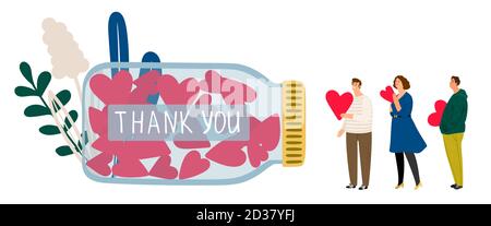 Donations and charity. Queue to make donate. Vector volunteering concept with flat tiny people with hearts Stock Vector