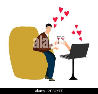 Online dating vector illustration. Happy man and notebook. Online chat couple in love. Online dating love, romance communication app Stock Vector