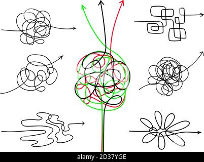 Confusing difficult arrows. Tangle scribbles with arrow, simple lines knot designs, chaos tangled drawing wires or messy scribble threads isolated on white background, vector illustration Stock Vector
