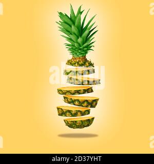Clean and isolate pineapple levitating on a yellow background. High resolution image. Health concept and healthy food on levitation Stock Photo