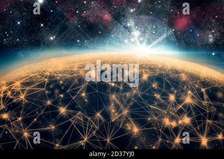 3D illustration. Lines connecting the earth seen from outer space with bright solar light. Concept of social and business network. No people. 3D Rende Stock Photo