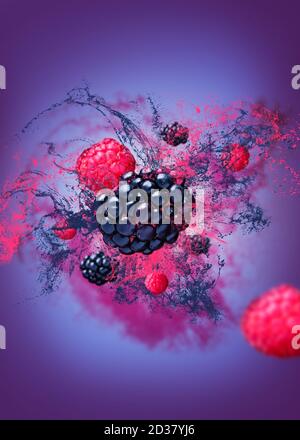 Raspberries and blackberries falling from the air on purple bottomed juice. Food levitation concept, high-resolution image Stock Photo