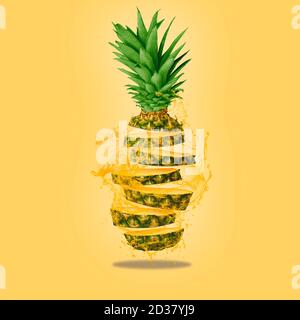Clean and isolate pineapple levitating on a yellow background with juice pineapple splash. High resolution image. Health concept and healthy food on l Stock Photo