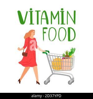 Shopping woman. Girl with shopping cart. Vitamin food concept. Grocery store vector illustration. Woman sale retail customer in supermarket Stock Vector