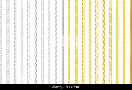 Seamless chain borders. Gold and silver chains elements, vector golden jewellery endless objects for necklaces and chains isolated on white background Stock Vector
