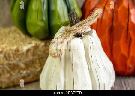 Close view of the white pumpkin with the blur view on the back with other colored pumpkins. Stock Photo
