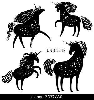Black unicorn vector silhouettes. Unicorns in different poses stencil images isolated on white, legend mythic horse signs, vector magical beauty horses silhouette Stock Vector