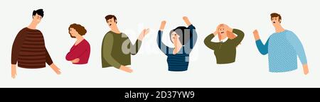 Destructive emotions. Angry, agressive, screaming men and women vector characters. Flat avatars set Stock Vector