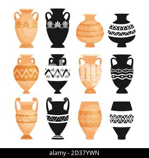 Ceramic ancient bowls. Ancients decorative pottery objects vector illustration, greece clay craft pots, earthenware urns and vases isolated on white background Stock Vector