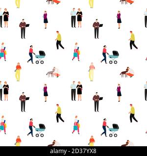 Casual cartoon people vector pattern. Man and woman person in casual fashion and various poses, seamless men and women art posing on white background Stock Vector