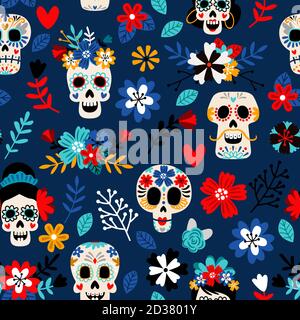 Day of the dead pattern. Dia de los muertos mexican festival seamless color pattern with dead colors sugar skulls, flowers and hearts decoration colorful vector background Stock Vector