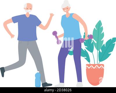 activity seniors, elder woman with dumbbell and old man stretching in the room vector illustration Stock Vector