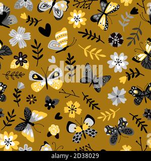 Butterflies and flowers flat vector seamless pattern. Tropical insects and plant branches decorative background. Exotic bugs and garden blossoms texture. Spring retro textile, fabric design Stock Vector