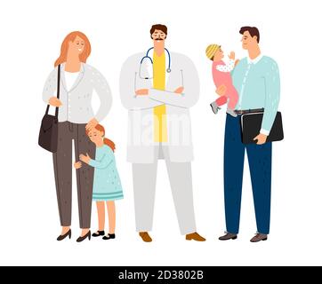 Family doctor. Family with therapist. Parents kids patients and pediatrist vector characters Stock Vector
