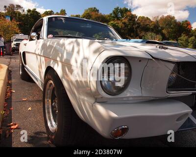 Classic Mustangs at a New Jersey car and truck show during the Covid-19 crisis. Sunny day allowed for a crowd to check out the cars. Stock Photo