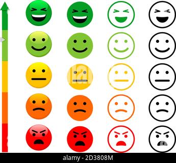 Ranking scale faces vector illustration. Customer satisfaction rating. Happy, smiling and angry faces isolated on white background. Client positive and negative feedback design elements Stock Vector