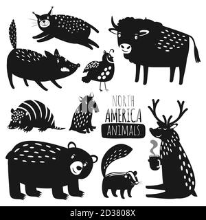 Forest american animals silhouettes. Cartoon animal silhoitte set, reindeer and wild grizzly bear, lynx and armadillo vector images isolated on white background Stock Vector