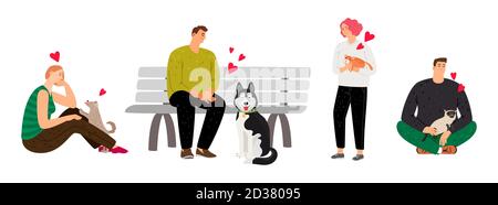 Pet owners. Cartoon people with dogs and cats. Single woman and man with pets vector set Stock Vector