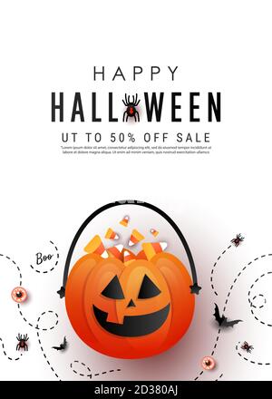 Happy Halloween vertical promotion banner with candy pumpkin bag, color candy, bats, spider on white background. Stock Vector