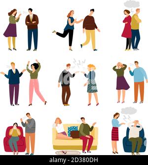 Couple swears and quarrel. Set of situation, couple woman and man arguing, angry and shouting illustration Stock Vector