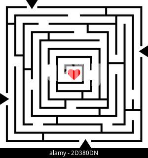 Labyrinth to heart. Love maze, how to find your love path, vector way finding gaming concept abstract design, relationship or wedding game puzzle Stock Vector