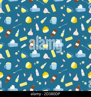 Cold remedies seamless pattern. Winter cold and flu health remedy vector texture, syrup with lemon and medicine aspirine pills, medication drops Stock Vector