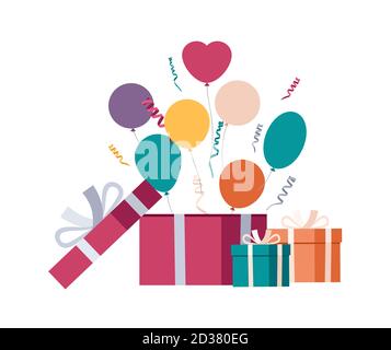 Gift box. Opened present vector flat illustration. Surprise box with colorful balloons, confetti ribbons Stock Vector