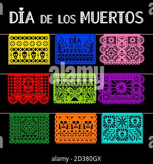 Papel picado. Mexican hanging pecked perforated paper decoration flags for for day of the dead, dia de los muertos, party, vector illustration Stock Vector