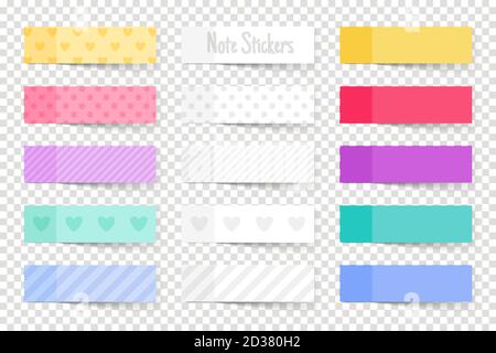 Note paper sticks. Colourful papers notes, coloured memo stickers isolated on transparent background, colour reminder tapes vector illustration Stock Vector