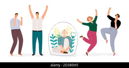 Introvert vs extravert. Introverted girl character, flat happy men and woman dancing. Extraversion, Introversion vector concept Stock Vector