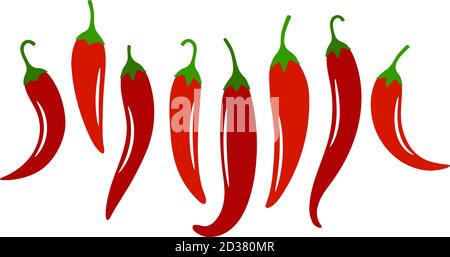 Vector spicy chili peppers. Vector red flat chiles pepper icons, food cooking vegetables for hot dishes illustration isolated on white background Stock Vector