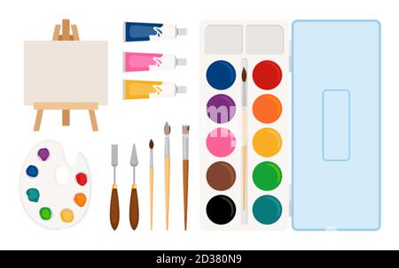 Painter art tools. Paint arts tool kit vector illustration. Vector watercolor painting, easel, palette, brushes Stock Vector